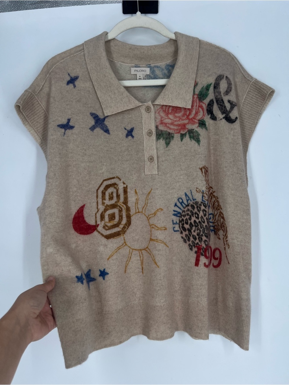 Pilcro 100% Cashmere Colorful Graphic Printed Cream Knit Sweater Vest XL - Picture 3 of 8